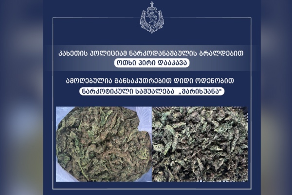 კახეთის პოლიციამ ნარკოდანაშაულის ბრალდებით ოთხი პირი დააკავა